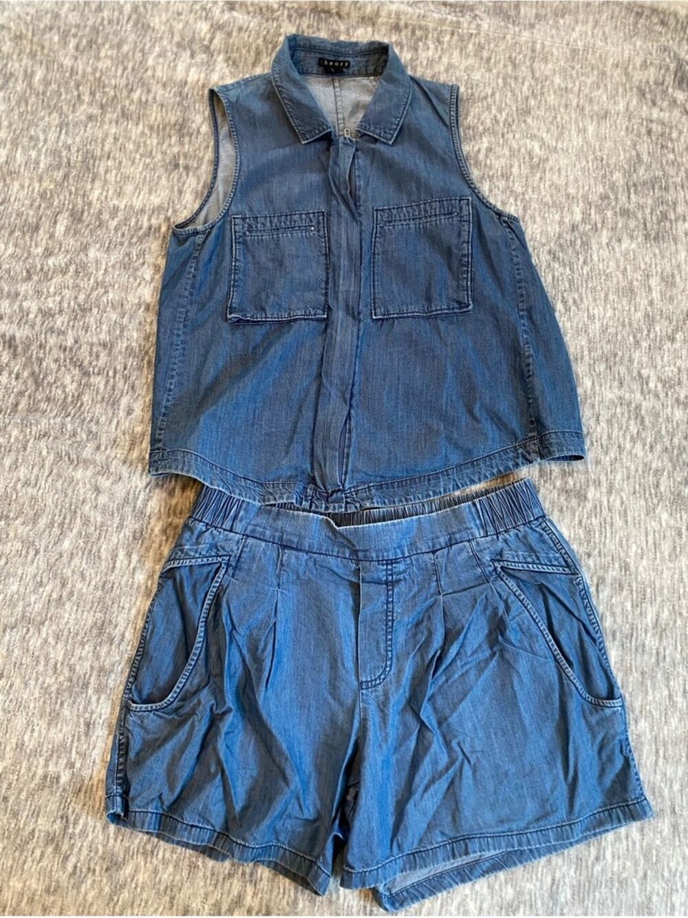 🗽Theory Blue Denim Sleeveless Button-Front Top & Shorts Set